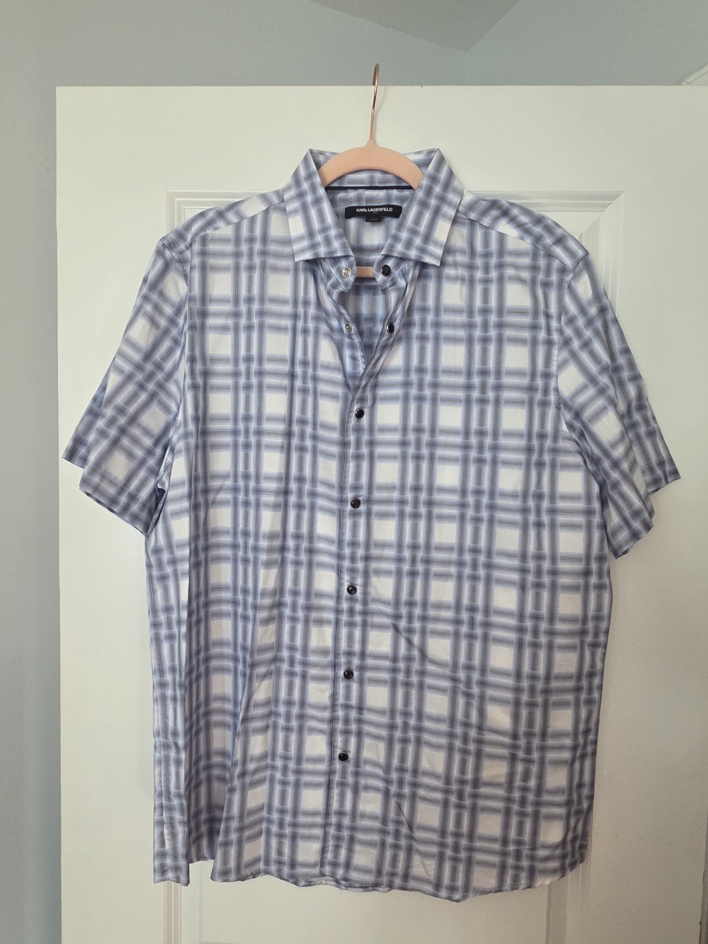 New Karl Lagerfeld Blue and White Plaid Short-Sleeve Button-Down Shirt